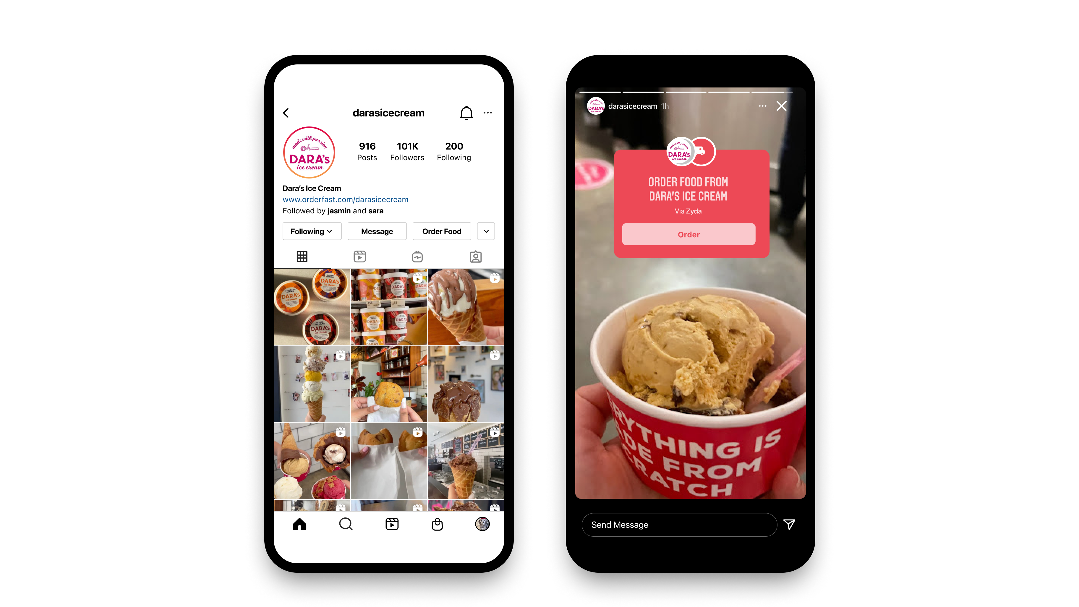Order food button and Order food sticker on Instagram. Via Zyda.